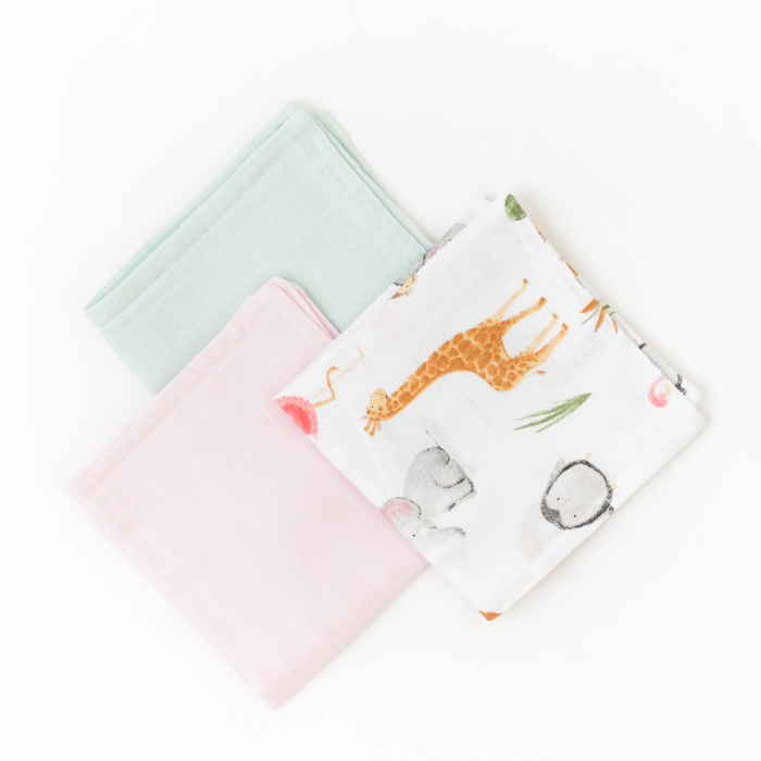 Set 3 museline bebelus - 100% organic - safari/turcoaz/roz [1]