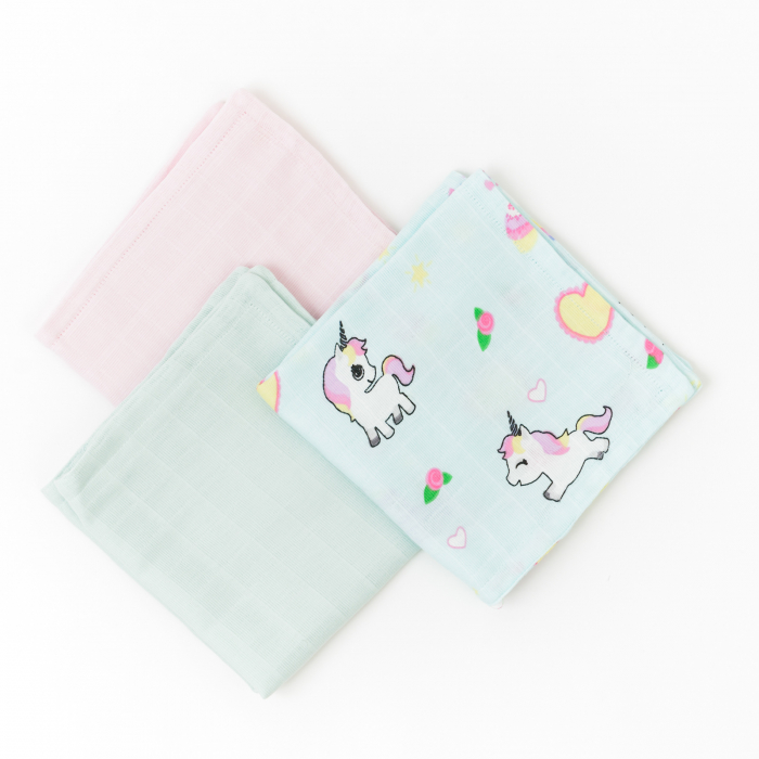 Set 3 museline bebelus - 100% organic - unicorni/turcoaz/roz [1]