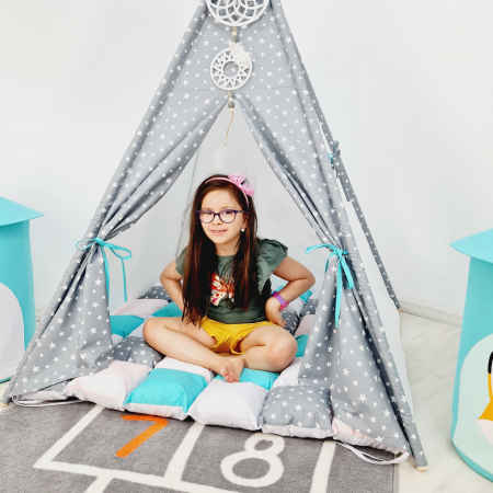 Corturi fetite - Cort teepee de joaca Big Stars Gray&White