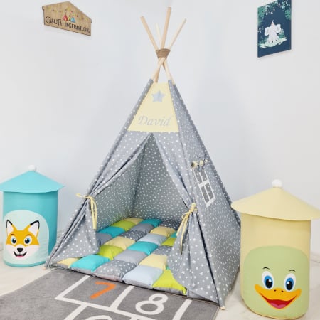 Reduceri corturi de joaca - Cort de joaca teepee Milky Stars&Yellow Personalizat