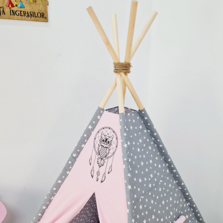 Cort teepee de joaca Milky Stars&Owl Pink [3]