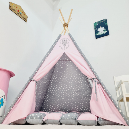 Cort teepee de joaca Milky Stars&Owl Pink [2]