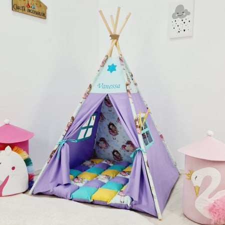 Reduceri corturi de joaca - Cort teepee de joaca printesa si unicornii lila personalizat
