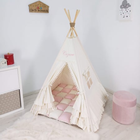 Cort teepee de joaca ruffle ivoire&pink [1]