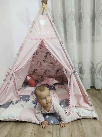 Cort teepee de joaca printesa si unicornii roz prafuit [10]