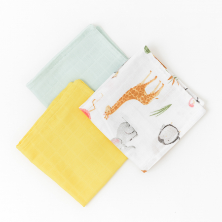 Produse Mami&Bebe - Set 3 museline bebelus - 100% organic - safari/turcoaz/galben