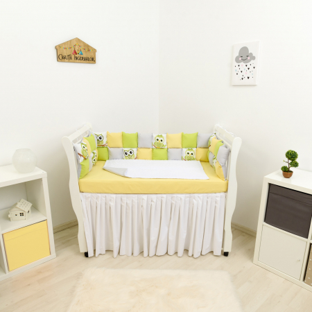 Protectii patut patchwork - Set patut patchwork bufnite verzi