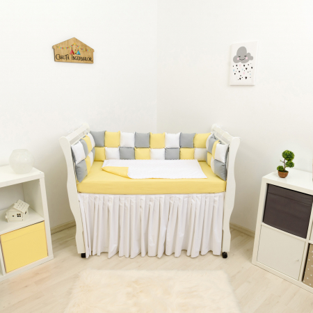 Protectii patut patchwork - Set patut galben/gri/alb