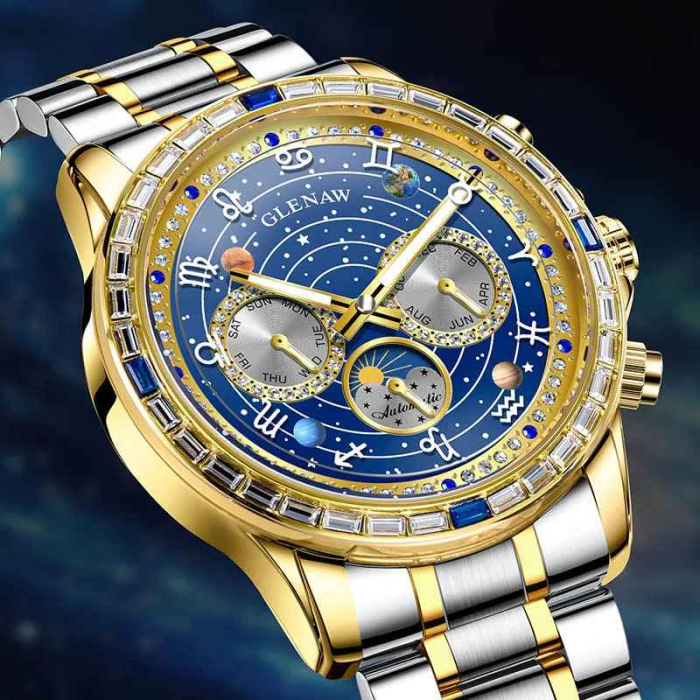 Ceas Automatic Glenaw Multifunctional Gold & Silver – Mecanic, Waterproof 3ATM, Luminous, Afisaj Luna/Saptamana/Zi-Noapte, 43mm [4]