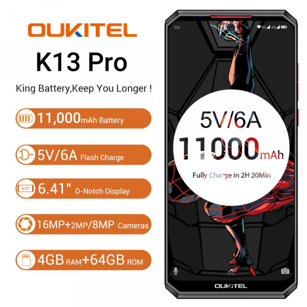 Telefon mobil Oukitel K13 Pro, Android 9.0, 4 GB RAM, 64 GB ROM IPS 6.41inch, Helio P22 OctaCore, PowerVR GE8320, 11000mAh, Dual SIM, Negru cu model kevlar [5]