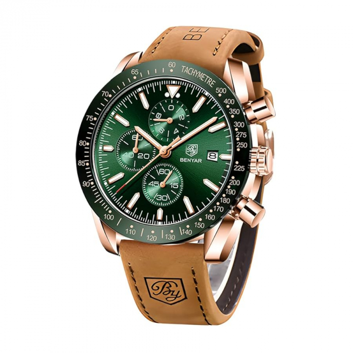 Benyar BY-5140 – Ceas bărbătesc sport, cronograf, cuarț, curea piele, waterproof 3ATM, dată automată, sticlă hardlex [1]