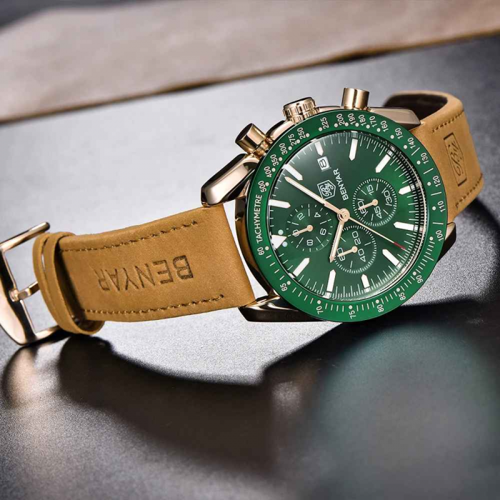 Benyar BY-5140 – Ceas bărbătesc sport, cronograf, cuarț, curea piele, waterproof 3ATM, dată automată, sticlă hardlex [4]
