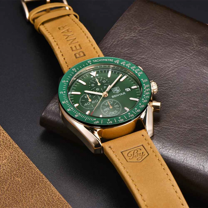 Benyar BY-5140 – Ceas bărbătesc sport, cronograf, cuarț, curea piele, waterproof 3ATM, dată automată, sticlă hardlex [6]
