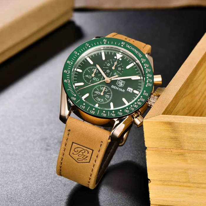 Benyar BY-5140 – Ceas bărbătesc sport, cronograf, cuarț, curea piele, waterproof 3ATM, dată automată, sticlă hardlex [3]