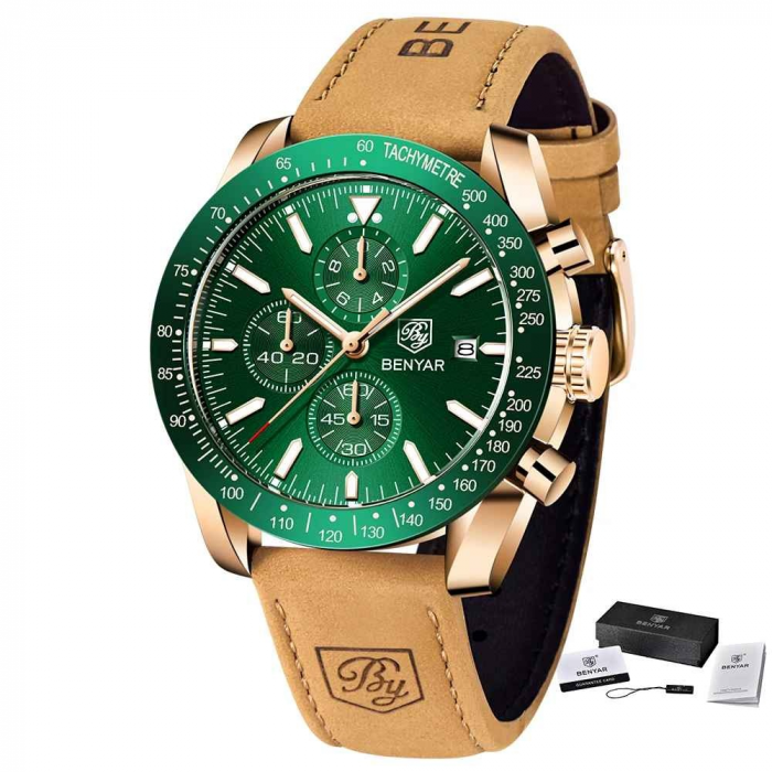 Benyar BY-5140 – Ceas bărbătesc sport, cronograf, cuarț, curea piele, waterproof 3ATM, dată automată, sticlă hardlex [2]
