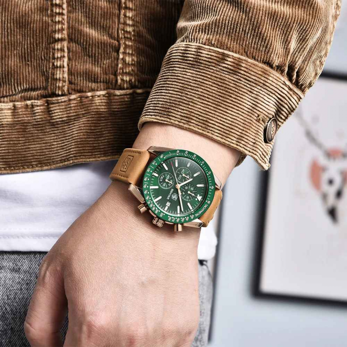 Benyar BY-5140 – Ceas bărbătesc sport, cronograf, cuarț, curea piele, waterproof 3ATM, dată automată, sticlă hardlex [5]