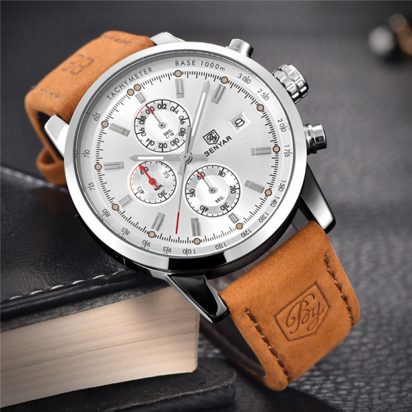 Benyar Ceas barbati Fashion Cronograf Quartz Curea din piele [5]