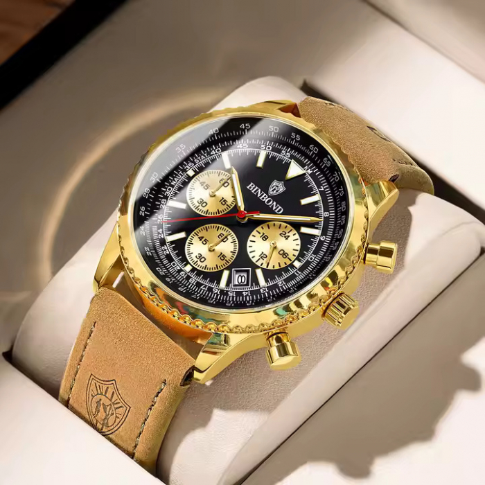 BinBond Ceas barbatesc Quartz Fashion Analog Elegant Piele Maro Auriu Negru [2]