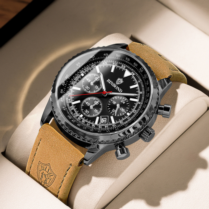BinBond Ceas barbatesc Quartz Analog Elegant Piele Maro Negru [2]