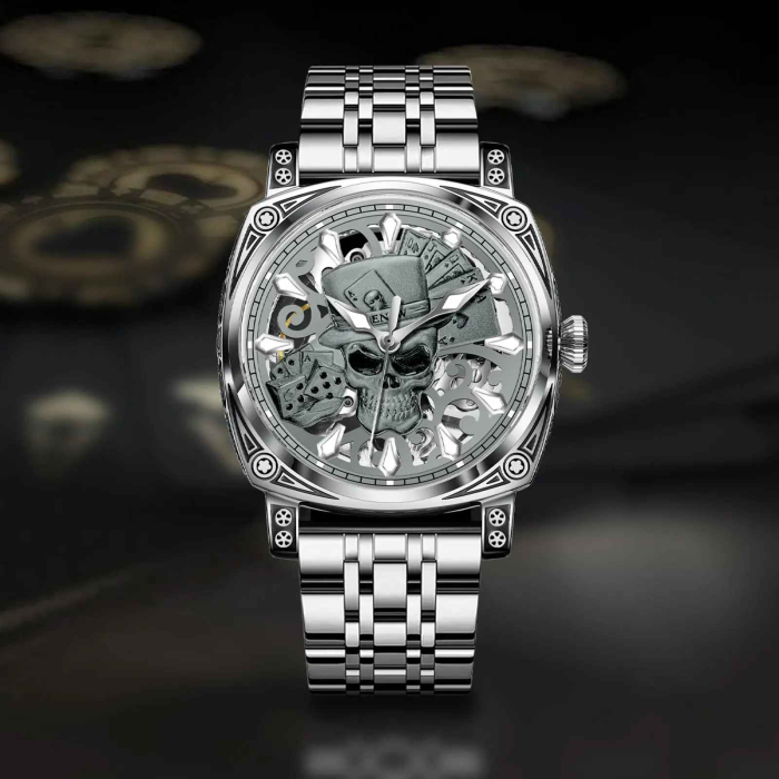Ceas automat GLENAW Skull Series pentru bărbați, design schelet craniu, luxury fashion, brățară oțel sau curea piele, rezistent la apă 3ATM [2]