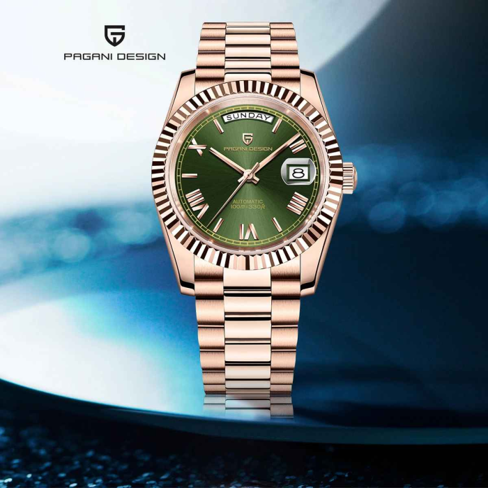 Ceas Automatic Bărbați Pagani Design PD-1752 Verde & Auriu, 36mm, Seagull ST16, Day-Date, Sticlă Safir, Oțel Inoxidabil [4]