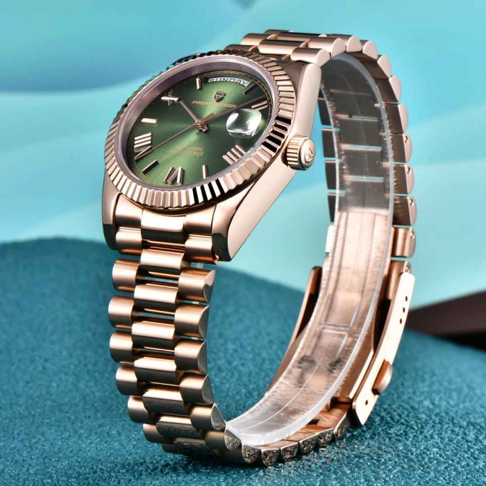 Ceas Automatic Bărbați Pagani Design PD-1752 Verde & Auriu, 36mm, Seagull ST16, Day-Date, Sticlă Safir, Oțel Inoxidabil [2]