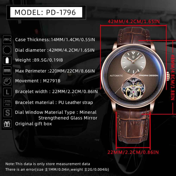 Ceas automatic bărbați PAGANI DESIGN PD-1796, 42 mm, open heart, mecanism M2791B, curea piele maro, stil elegant clasic [2]