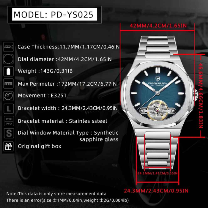 Ceas Automatic Bărbați Pagani Design PD-YS025 Argintiu-Albastru, 42mm, Open Heart, Sticlă Safir, Brățară Oțel Inoxidabil Premium [7]