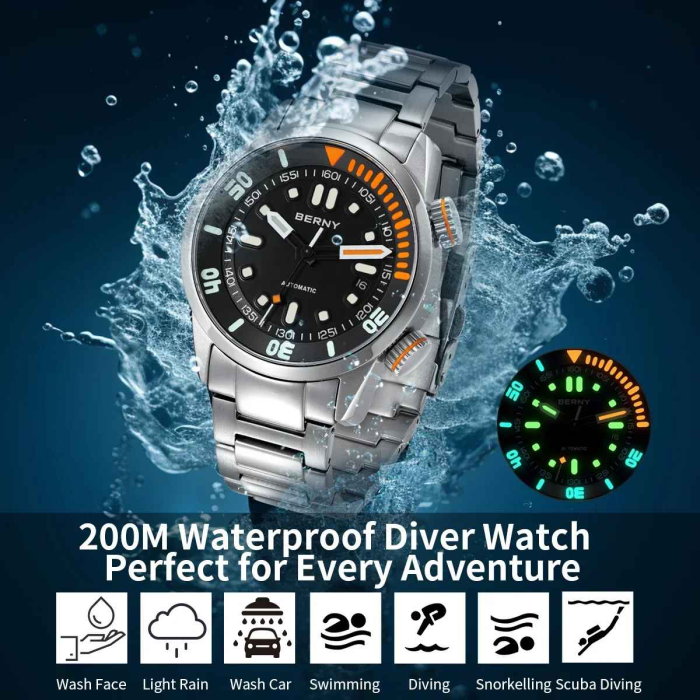 Ceas Automatic BERNY AM339MS Diver, Miyota 8215, Safir, Brățară Oțel, 200M, 42mm [3]