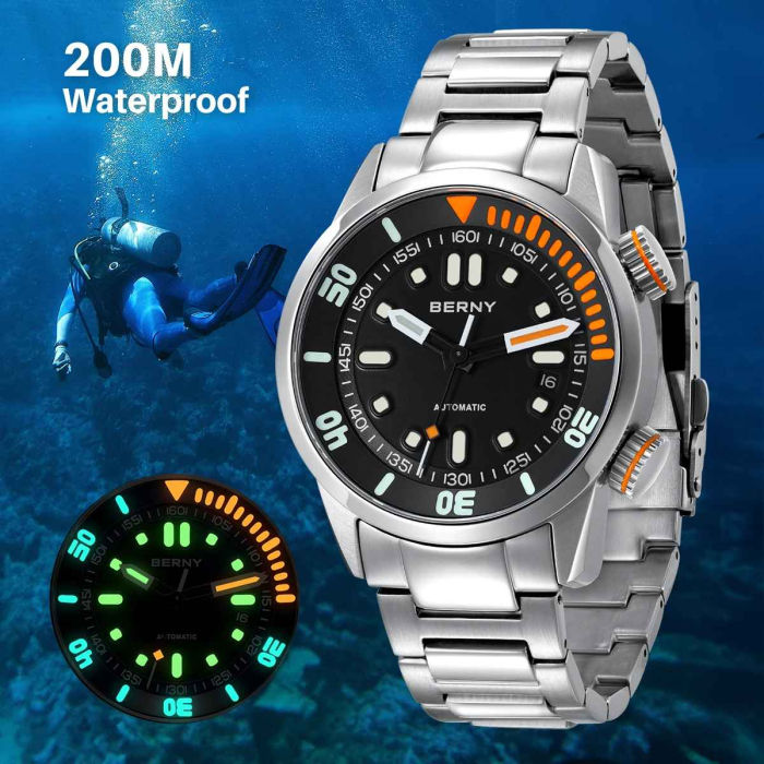 Ceas Automatic BERNY AM339MS Diver, Miyota 8215, Safir, Brățară Oțel, 200M, 42mm [2]