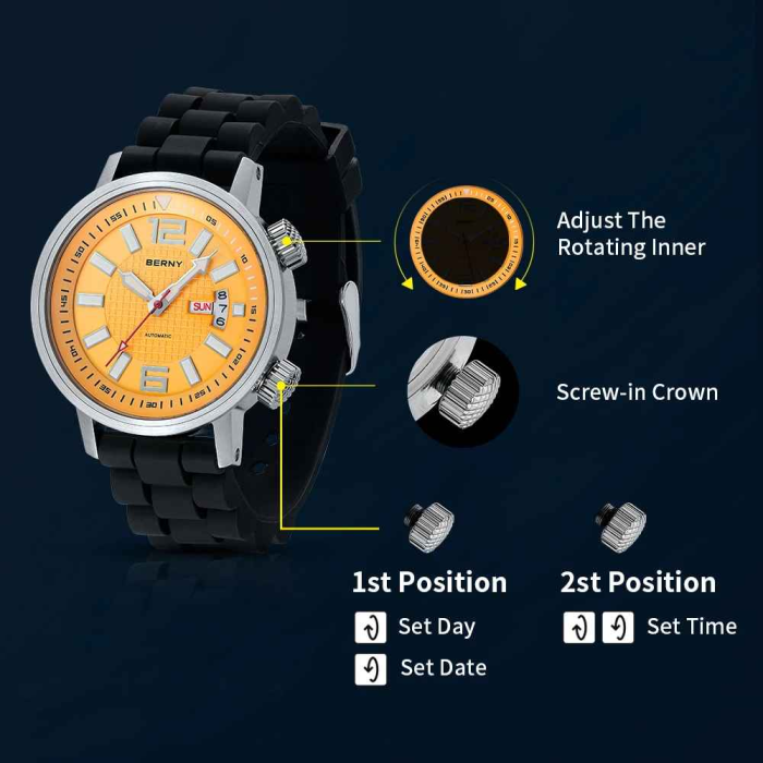 Ceas Automatic BERNY AM7081M-YE Galben, Miyota 8205, Safir, 200M, 42mm [4]