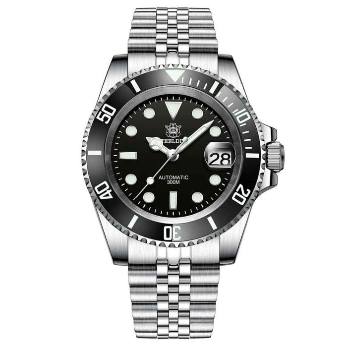 Ceas automatic de scufundări STEELDIVE SD1953, 41 mm, brățară argintie, carcasă și cadran negru, NH35, cristal safir, 30 ATM [1]