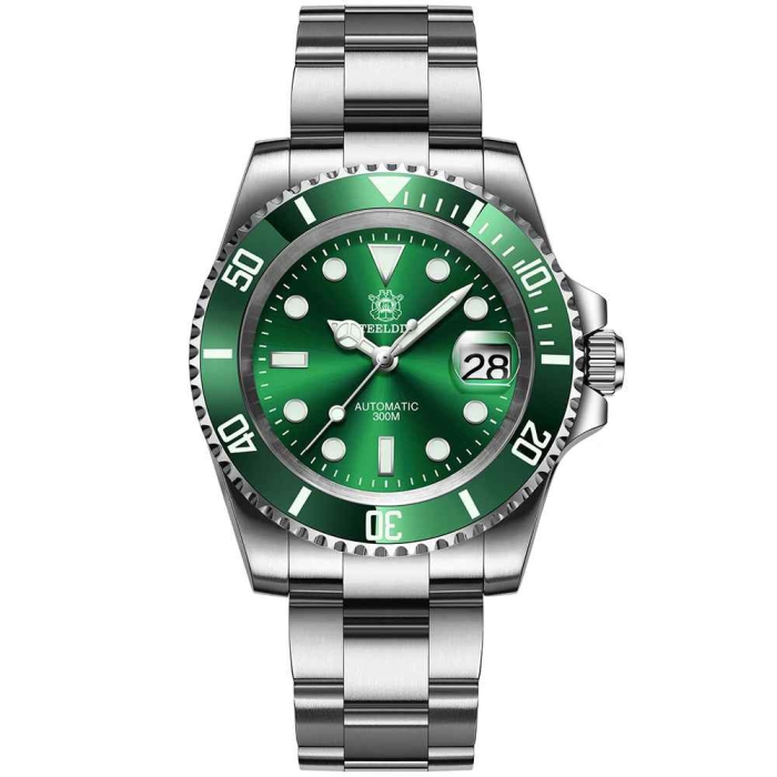 Ceas automatic de scufundări STEELDIVE SD1953, 41 mm, brățară argintie, carcasă și cadran verde, NH35, cristal safir, 30 ATM [1]