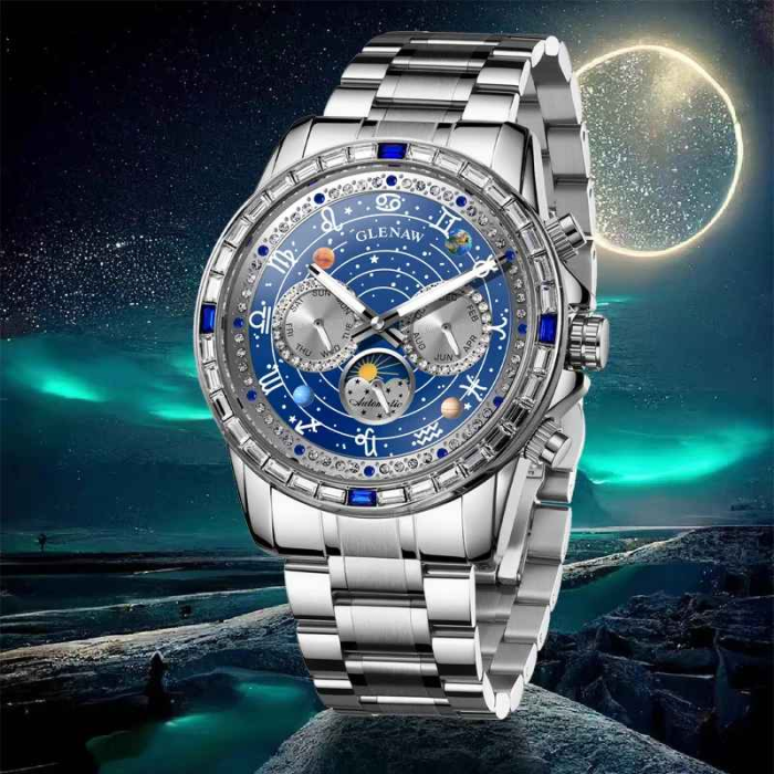 Ceas Automatic Glenaw Multifunctional Silver Blue – Mecanic, Cadran Albastru, Afisaj LunaSaptamanaZi-Noapte, Luminous, 3ATM, 43mm [2]