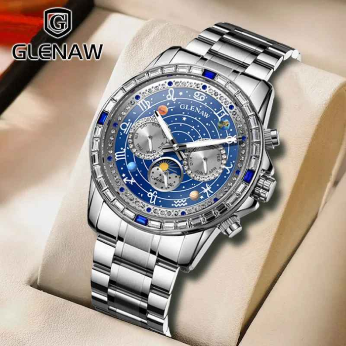 Ceas Automatic Glenaw Multifunctional Silver Blue – Mecanic, Cadran Albastru, Afisaj LunaSaptamanaZi-Noapte, Luminous, 3ATM, 43mm [9]