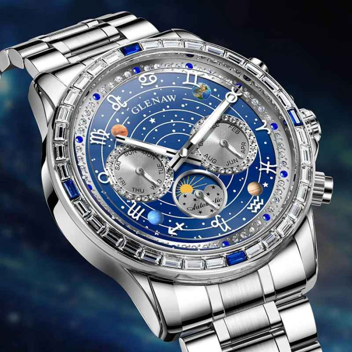 Ceas Automatic Glenaw Multifunctional Silver Blue – Mecanic, Cadran Albastru, Afisaj LunaSaptamanaZi-Noapte, Luminous, 3ATM, 43mm [4]
