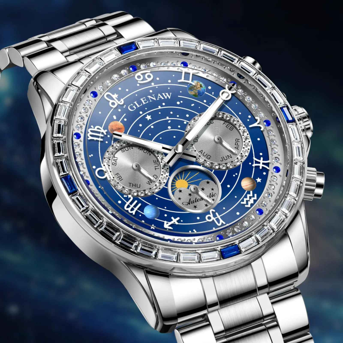 Ceas Automatic Glenaw Multifunctional Silver Blue – Mecanic, Cadran Albastru, Afisaj LunaSaptamanaZi-Noapte, Luminous, 3ATM, 43mm [7]