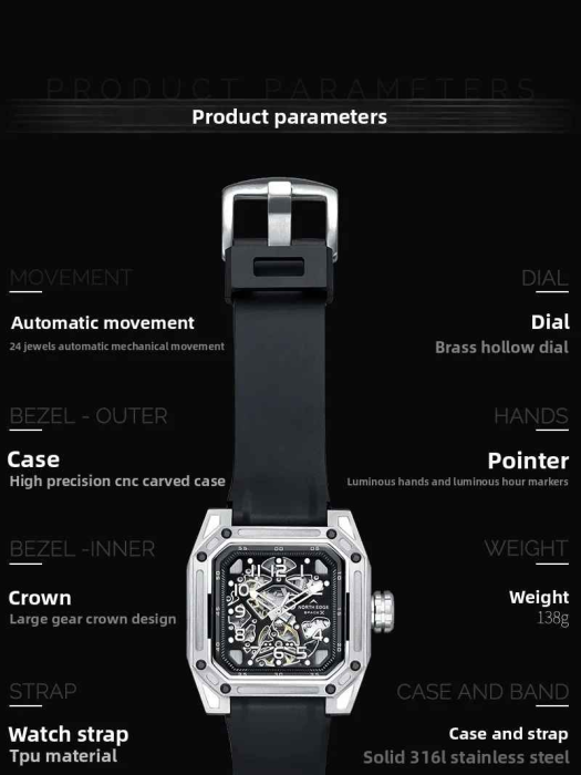 Ceas Automatic NORTH EDGE SPACE X, Seagull ST2551, Skeleton, Oțel 316L, 100M, 47mm [4]