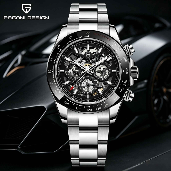 Ceas Automatic PAGANI DESIGN PD-1777 Silver Black Skeleton, HZ2196G, Safir, 100M, 40mm [4]