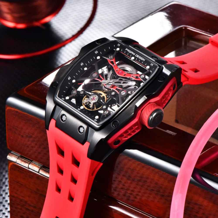 Ceas Automatic PAGANI DESIGN PD-YS018 Black Red Skeleton, Safir AR, 42mm, 50M [6]