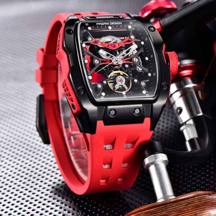 Ceas Automatic PAGANI DESIGN PD-YS018 Black Red Skeleton, Safir AR, 42mm, 50M [4]
