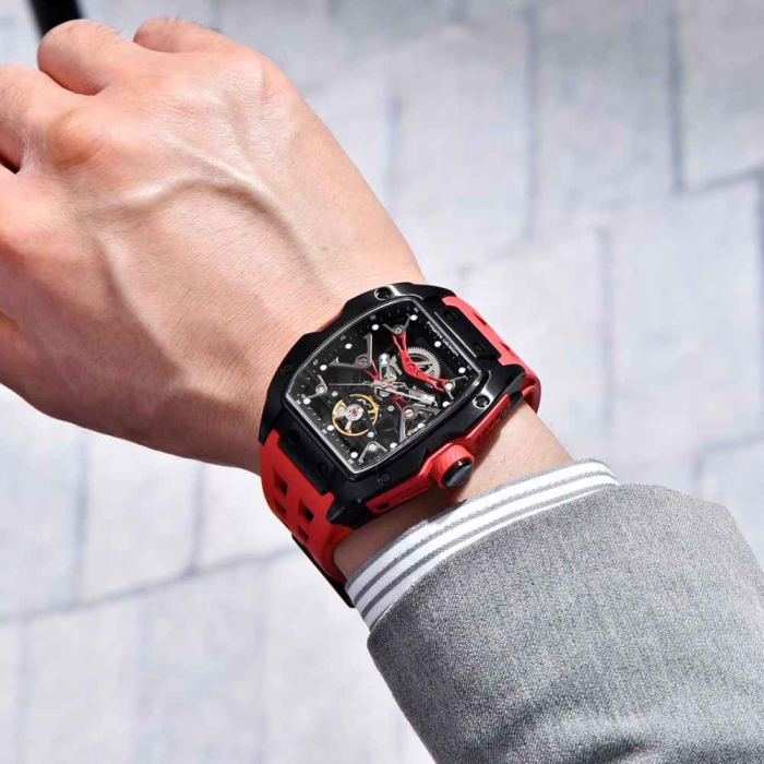 Ceas Automatic PAGANI DESIGN PD-YS018 Black Red Skeleton, Safir AR, 42mm, 50M [3]