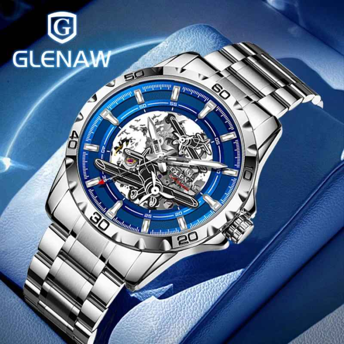 Ceas Automatic Skeleton Bărbați, Glenaw, Design Luxury din Oțel Inoxidabil, 43mm, Rezistent la Apă 3ATM, Curea Metalică [5]