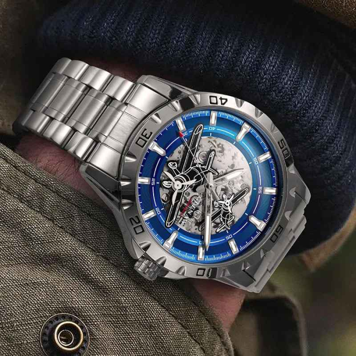 Ceas Automatic Skeleton Bărbați, Glenaw, Design Luxury din Oțel Inoxidabil, 43mm, Rezistent la Apă 3ATM, Curea Metalică [3]