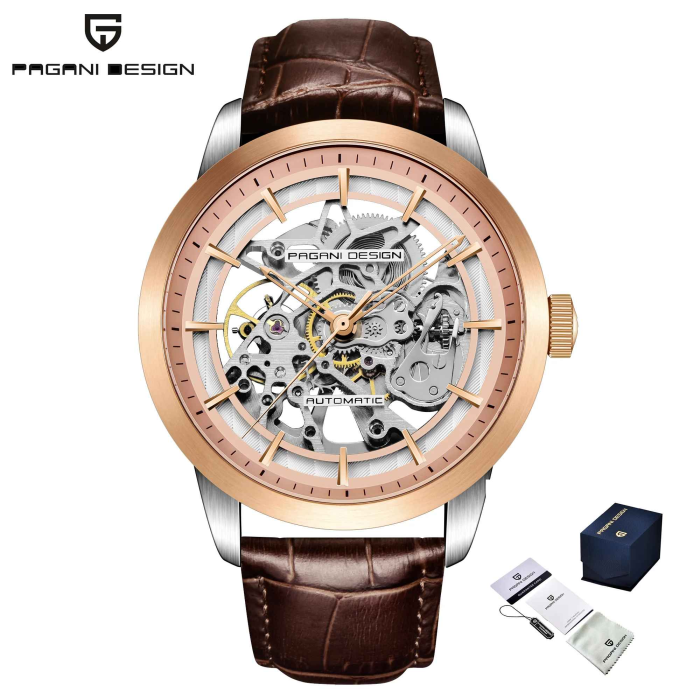 Ceas automatic skeleton bărbați PAGANI DESIGN PD-1638 auriu, 43 mm, mecanism G3265Z, curea piele maro, stil elegant premium [4]