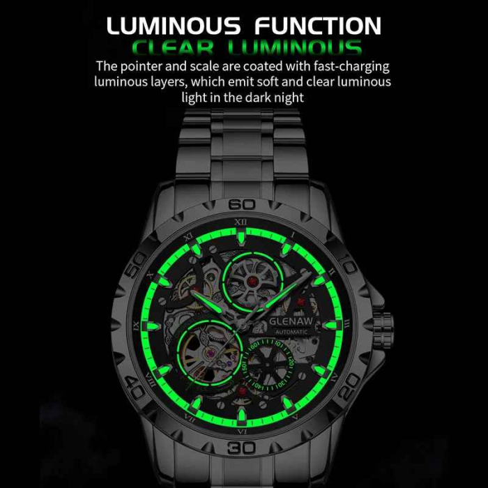 Ceas Automatic Skeleton Glenaw Silver Blue – Mecanic, Cadran Transparent, Luminous, Waterproof 3ATM, Brățară Oțel, 43mm [6]