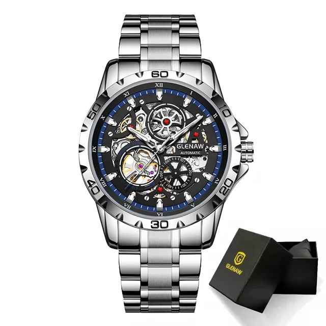 Ceas Automatic Skeleton Glenaw Silver Blue – Mecanic, Cadran Transparent, Luminous, Waterproof 3ATM, Brățară Oțel, 43mm [2]
