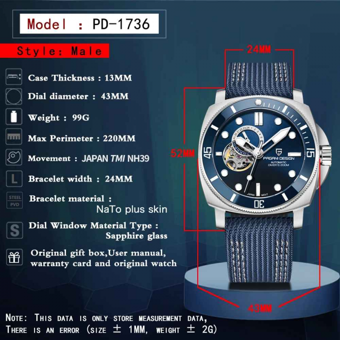 Ceas bărbătesc automat PAGANI DESIGN PD-1736, mecanism japonez NH39, 43mm, safir, curea NATO [4]