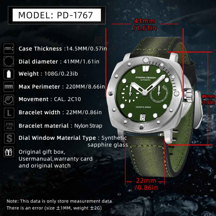 Ceas bărbătesc automat PAGANI DESIGN PD-1767, cadran verde, 41mm, safir sintetic, curea nylon verde [3]