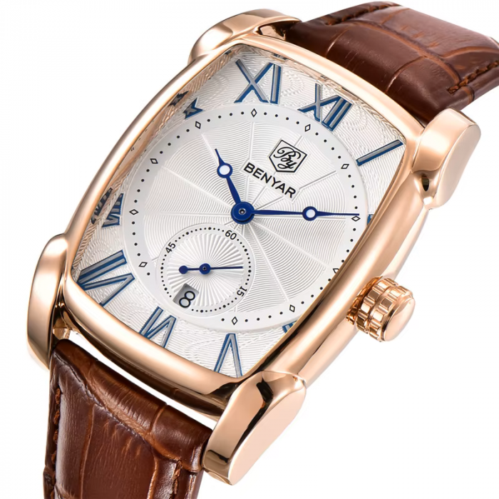 Ceas bărbătesc BENYAR BY-5114M, quartz PE47, cadran dreptunghiular 41,7 mm, curea din piele, geam Hardlex [1]